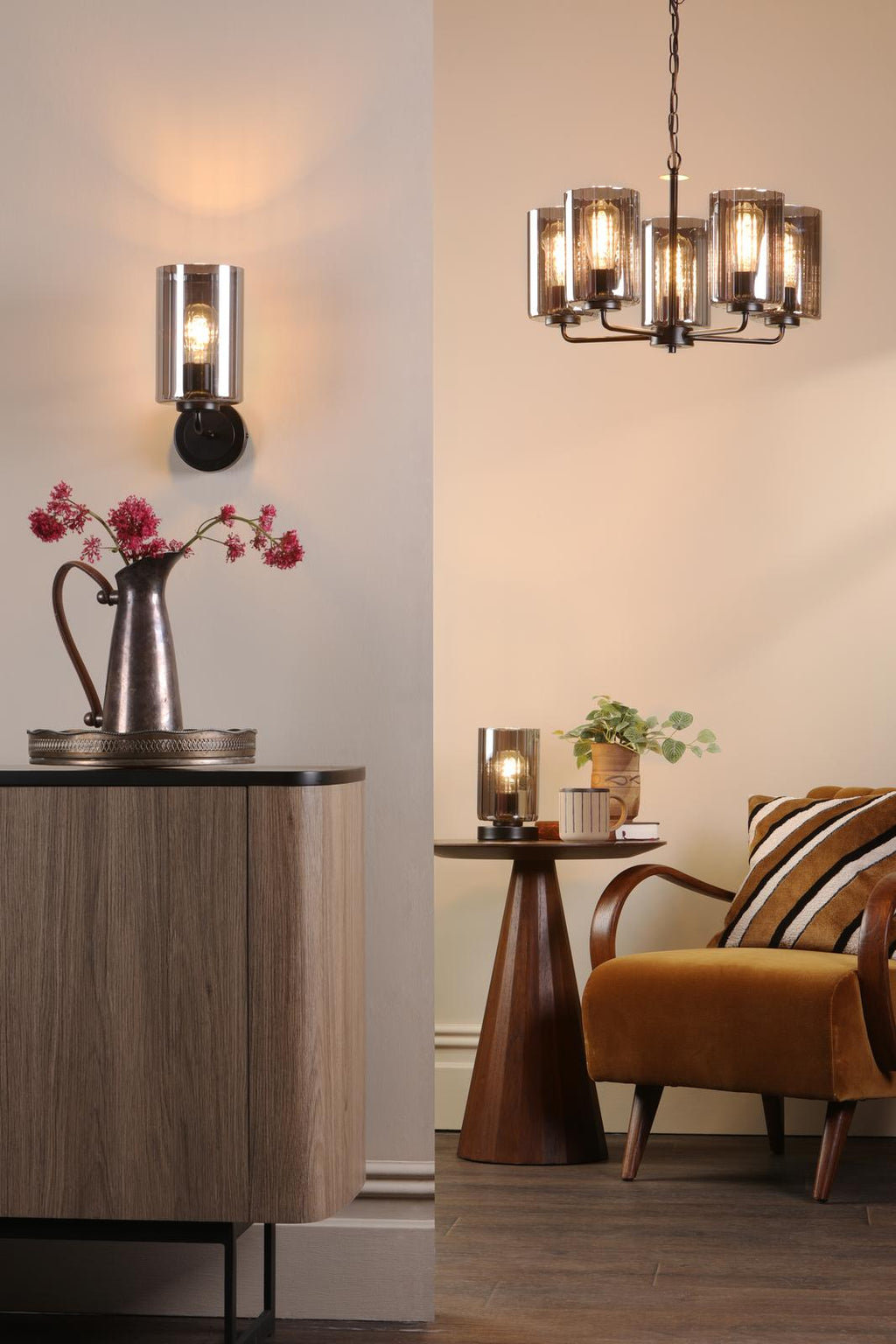 DAY0522 Daylin 5 Light Pendant Satin Black and Smoked Ribbed Glass