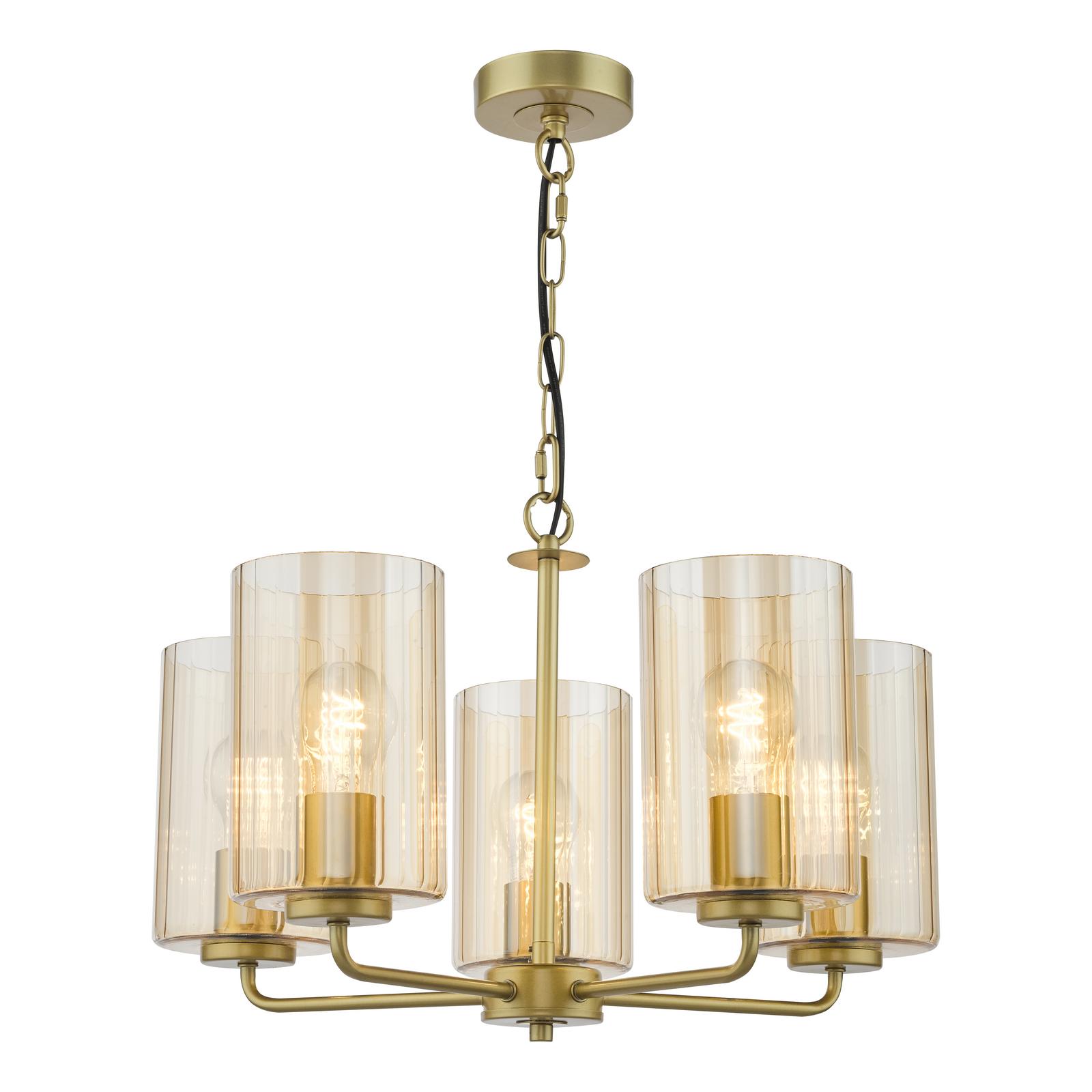 DAY0535 Daylin 5 Light Pendant Satin Gold and Amber Ribbed Glass