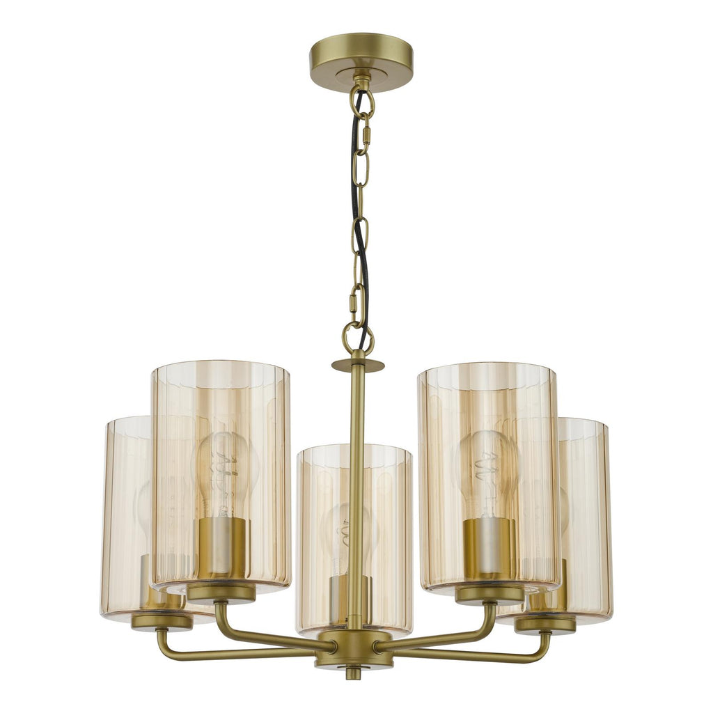DAY0535 Daylin 5 Light Pendant Satin Gold and Amber Ribbed Glass