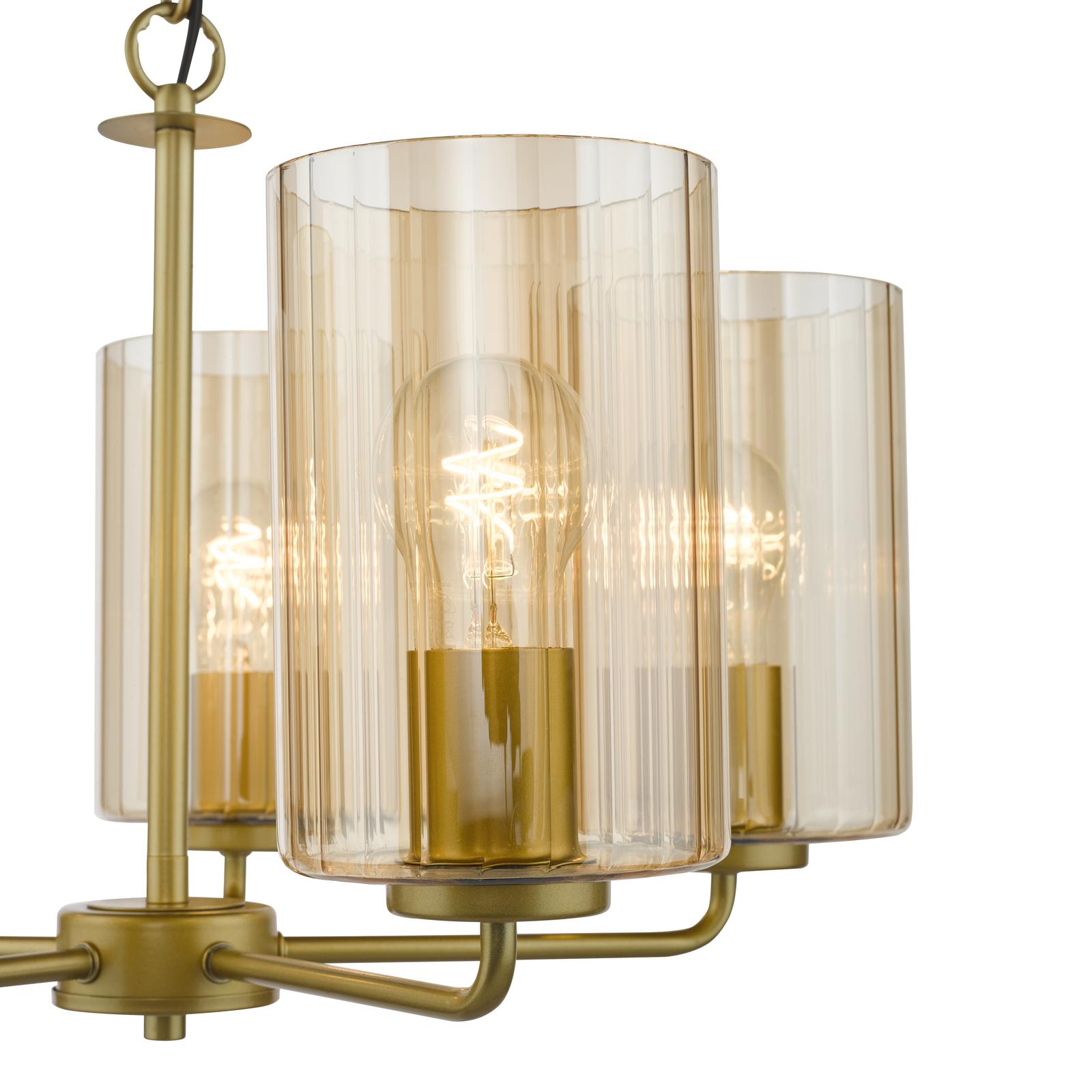 DAY0535 Daylin 5 Light Pendant Satin Gold and Amber Ribbed Glass