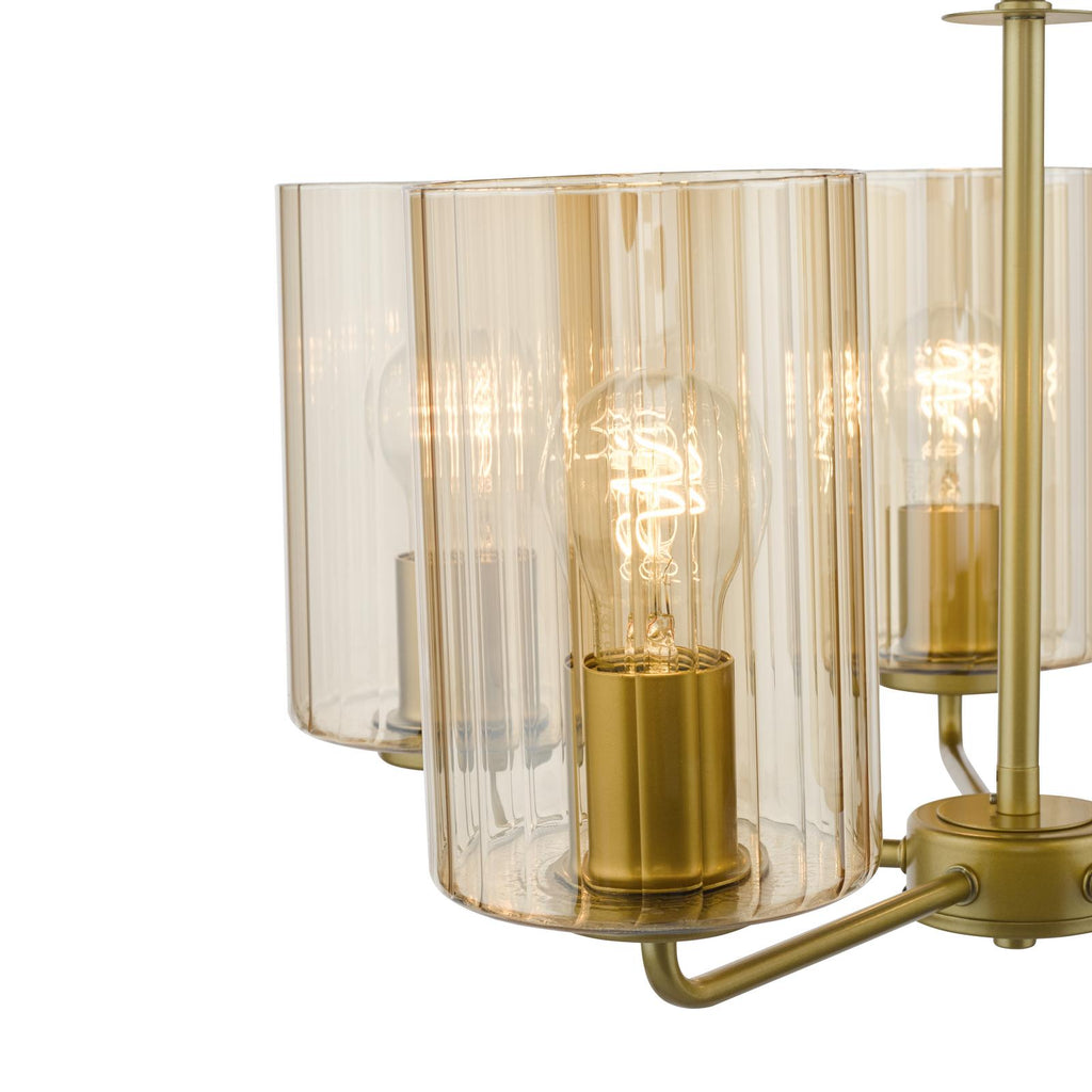 DAY0535 Daylin 5 Light Pendant Satin Gold and Amber Ribbed Glass