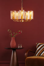 DAY0535 Daylin 5 Light Pendant Satin Gold and Amber Ribbed Glass