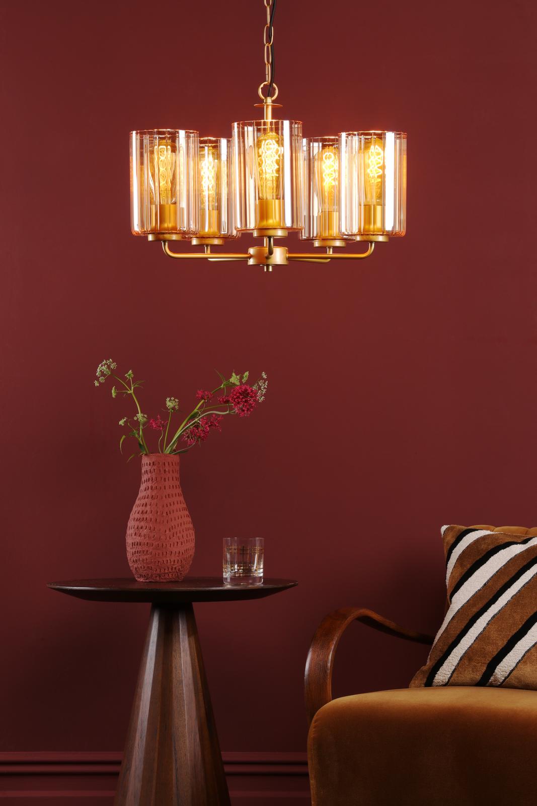 DAY0535 Daylin 5 Light Pendant Satin Gold and Amber Ribbed Glass