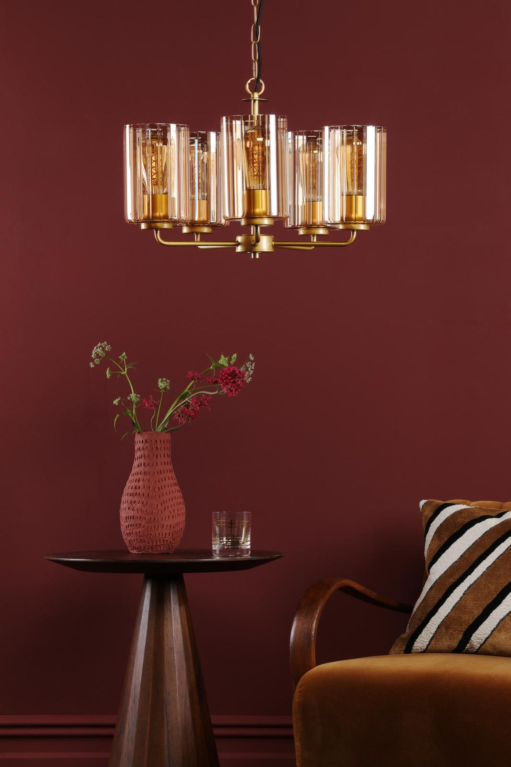 DAY0535 Daylin 5 Light Pendant Satin Gold and Amber Ribbed Glass