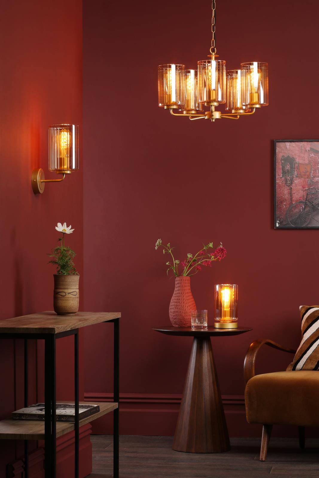 DAY0535 Daylin 5 Light Pendant Satin Gold and Amber Ribbed Glass