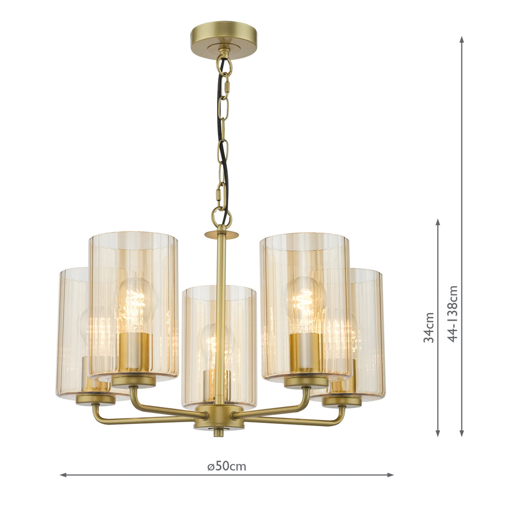 DAY0535 Daylin 5 Light Pendant Satin Gold and Amber Ribbed Glass