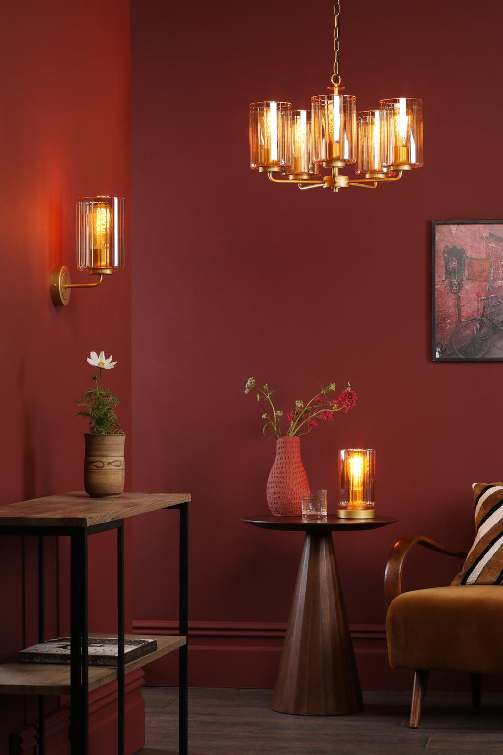 DAY0735 Daylin Wall Light Satin Gold and Amber Ribbed Glass