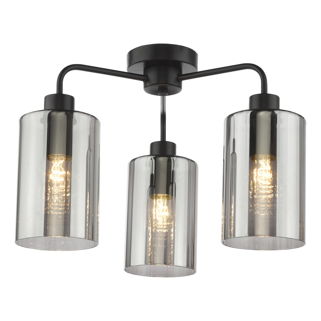 DAY5322 Daylin 3 Light Semi-Flush Satin Black and Smoked Ribbed Glass