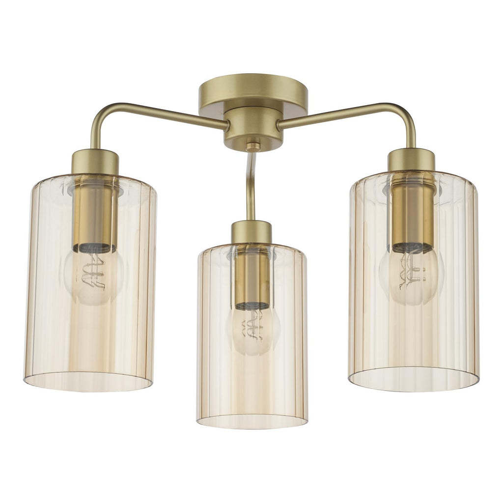 DAY5335 Daylin 3 Light Semi-Flush Satin Gold and Amber Ribbed Glass
