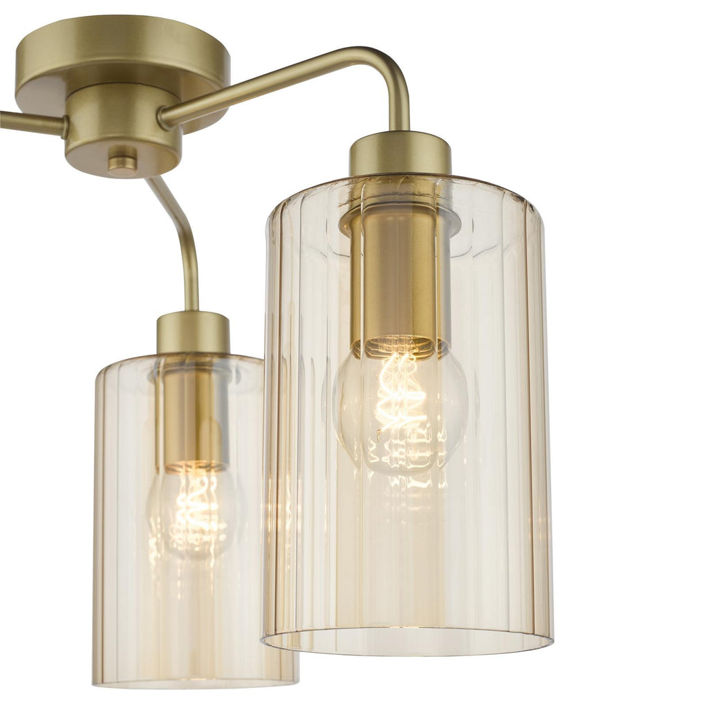 DAY5335 Daylin 3 Light Semi-Flush Satin Gold and Amber Ribbed Glass