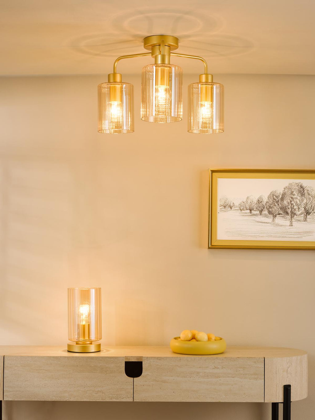 DAY5335 Daylin 3 Light Semi-Flush Satin Gold and Amber Ribbed Glass