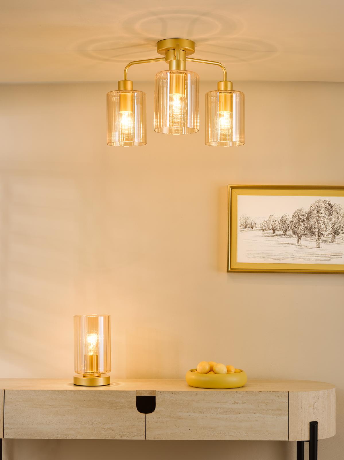DAY5335 Daylin 3 Light Semi-Flush Satin Gold and Amber Ribbed Glass
