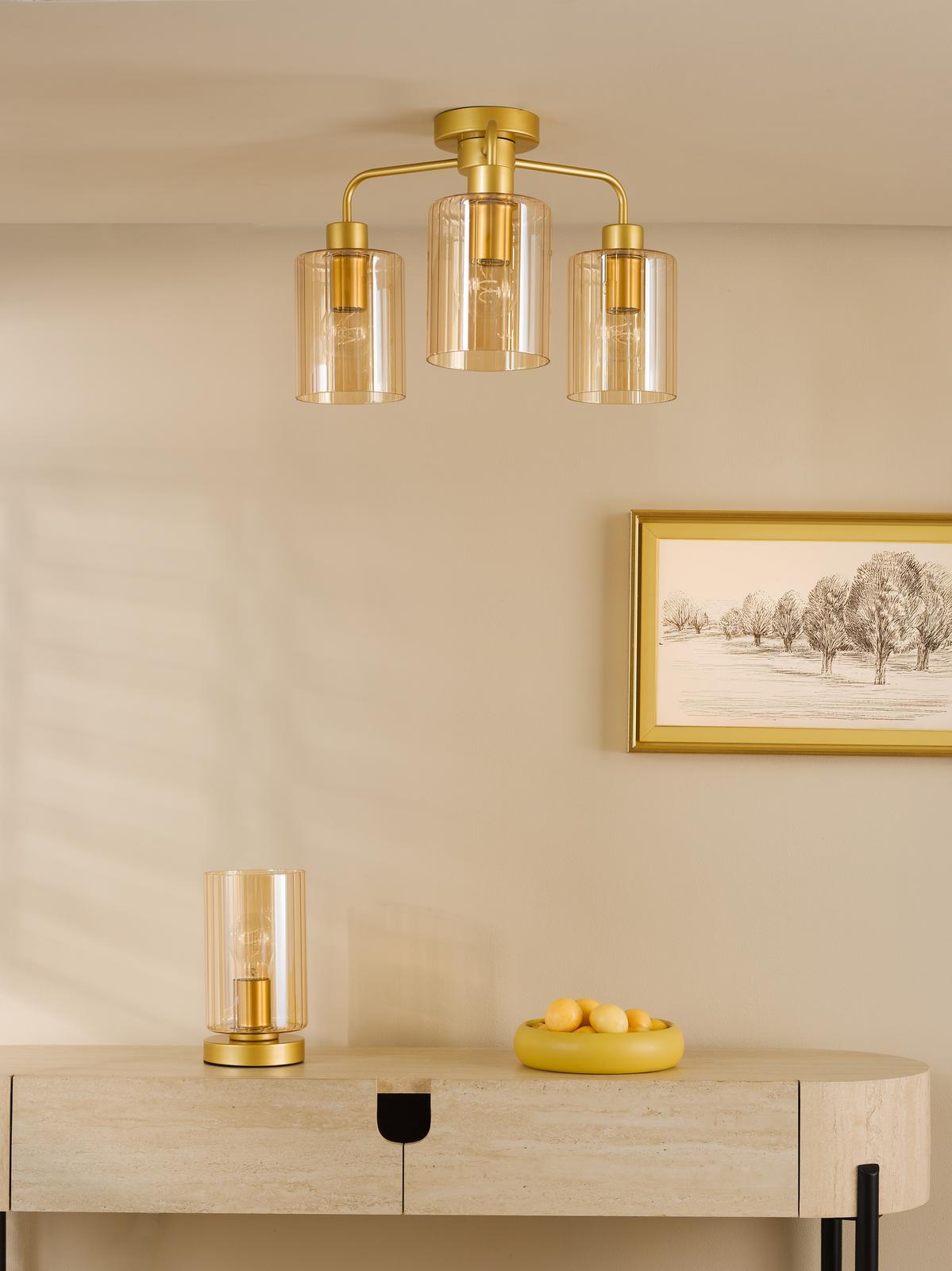 DAY5335 Daylin 3 Light Semi-Flush Satin Gold and Amber Ribbed Glass