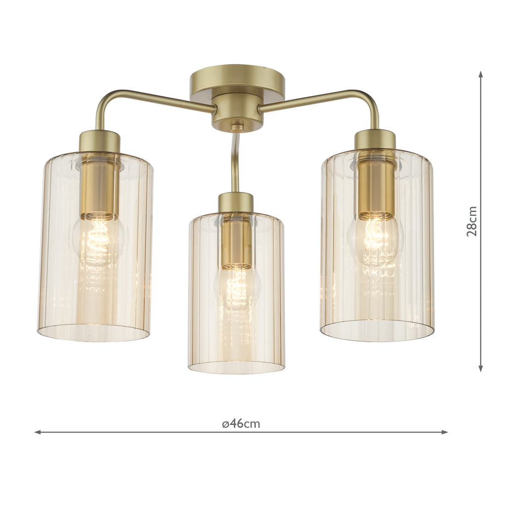 DAY5335 Daylin 3 Light Semi-Flush Satin Gold and Amber Ribbed Glass