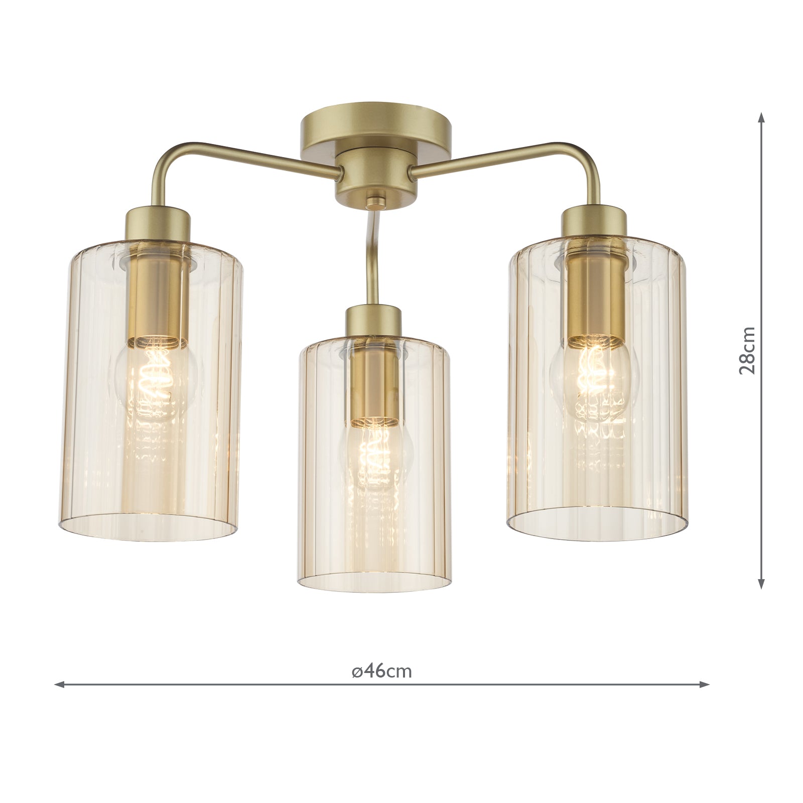 DAY5335 Daylin 3 Light Semi-Flush Satin Gold and Amber Ribbed Glass