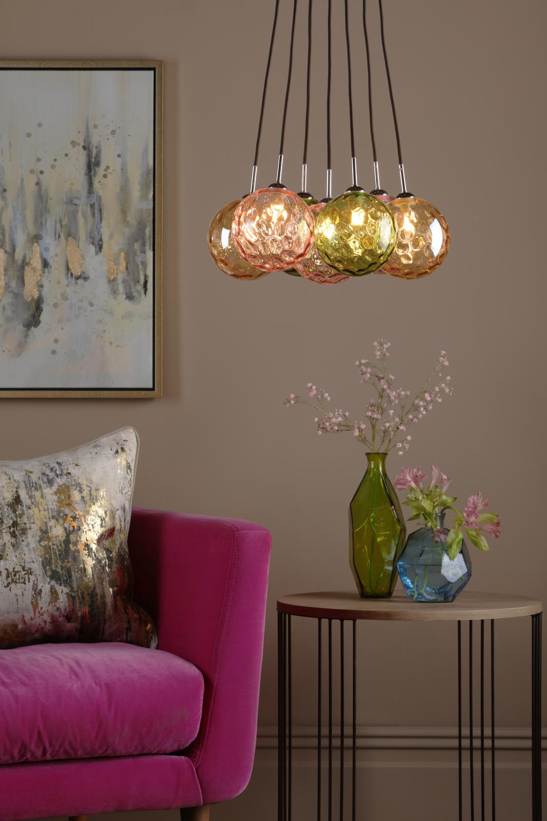ELP342-MIX Elpis 7 Light Cluster Pendant Polished Chrome and Multi Coloured Glass