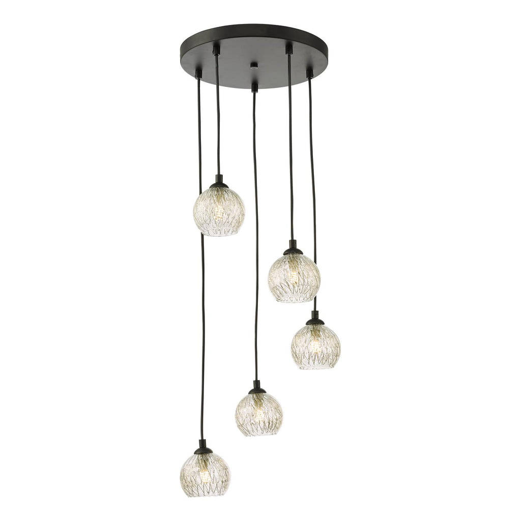 FED0522-09 Federico 5 Light Cluster Pendant Matt Black With Clear/Wire Glass