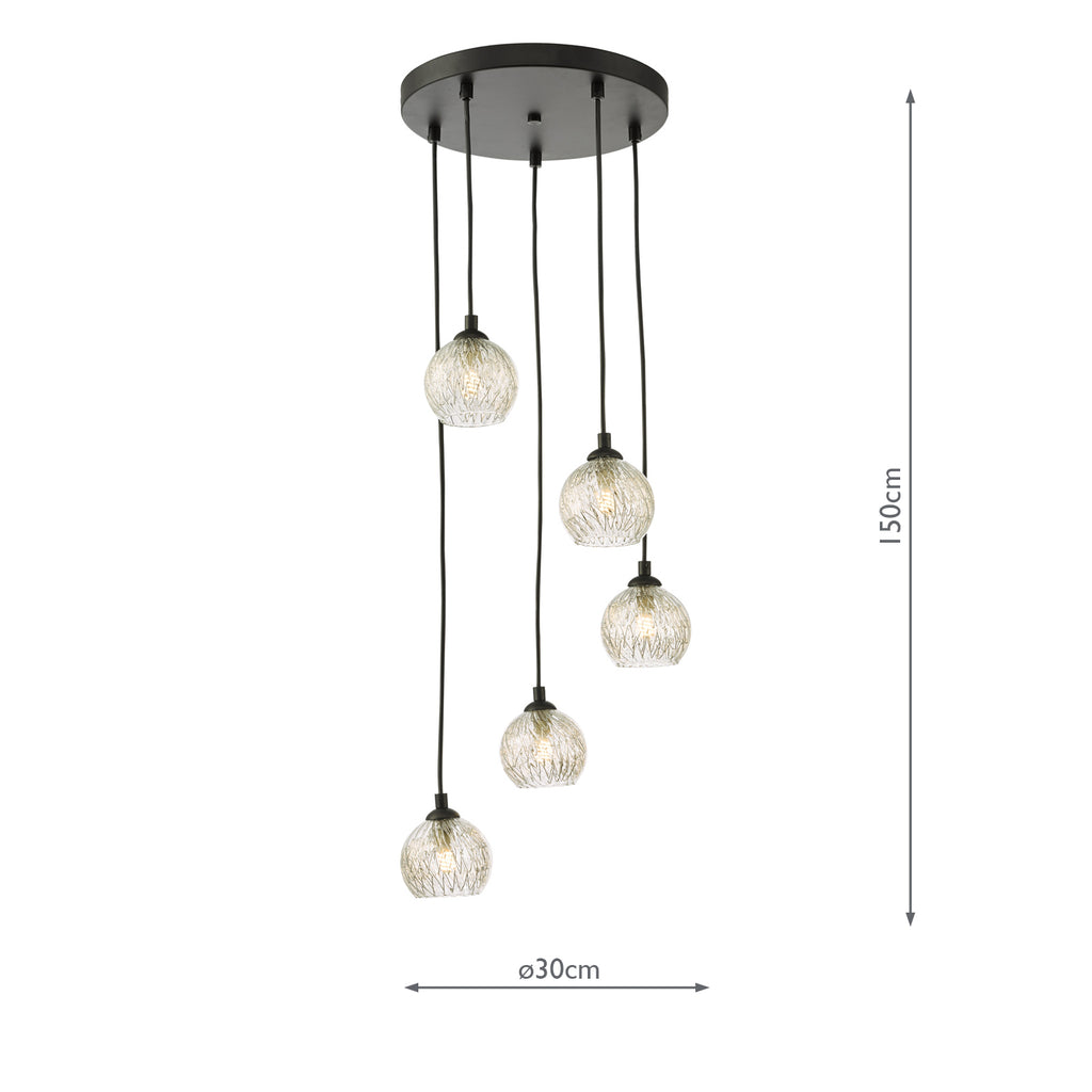 FED0522-09 Federico 5 Light Cluster Pendant Matt Black With Clear/Wire Glass