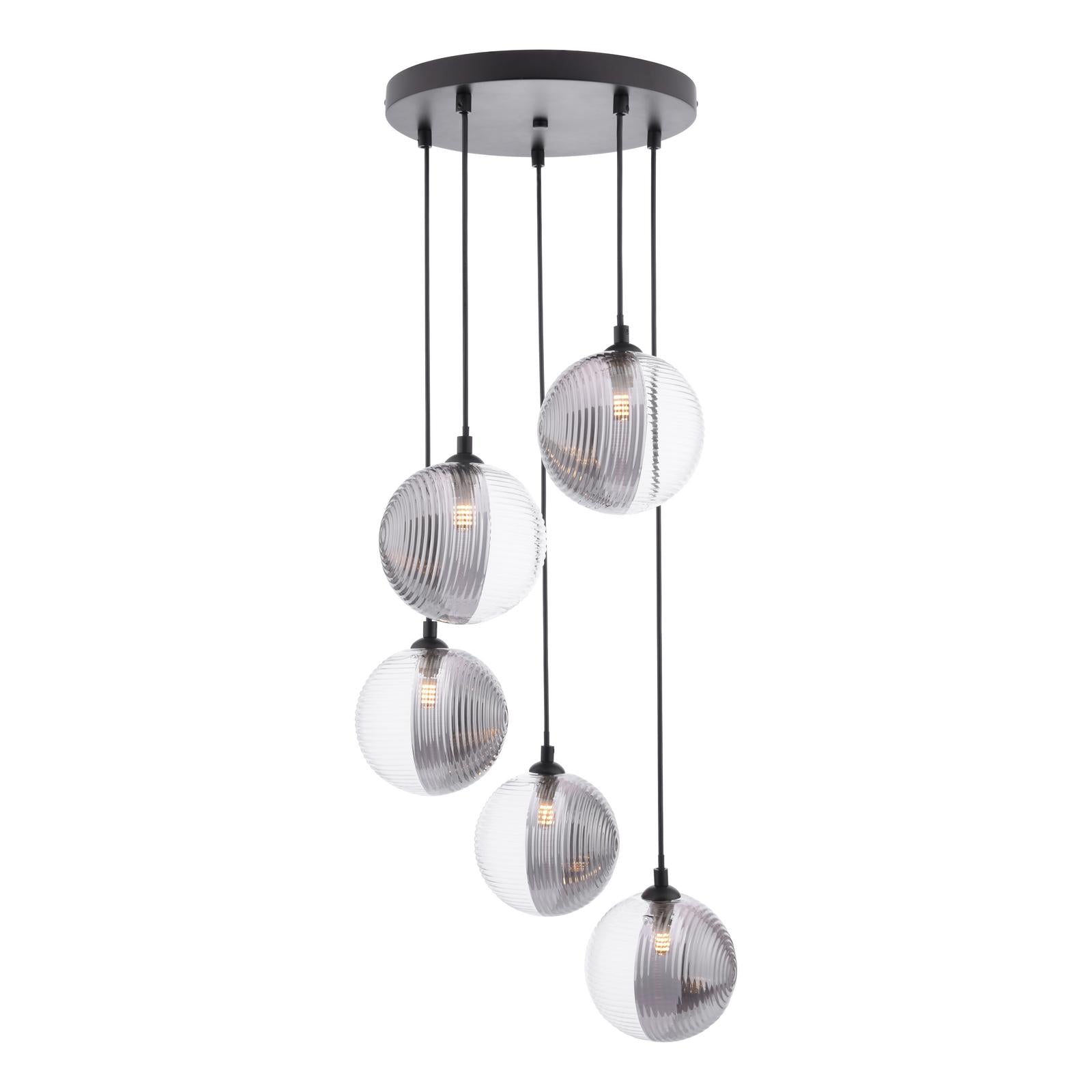 FED0522-19 Federico 5 Light Cluster Pendant Matt Black With Smoked/Clear Ribbed Glass