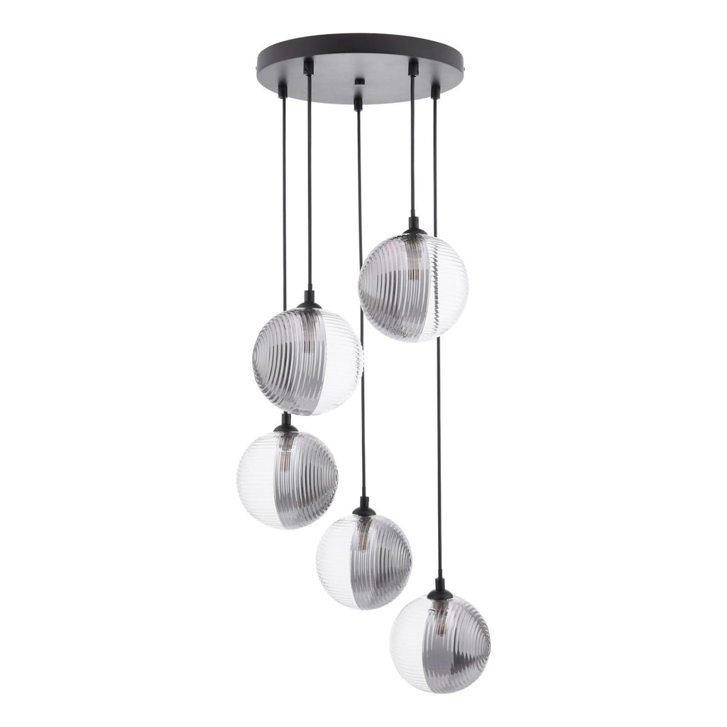FED0522-19 Federico 5 Light Cluster Pendant Matt Black With Smoked/Clear Ribbed Glass