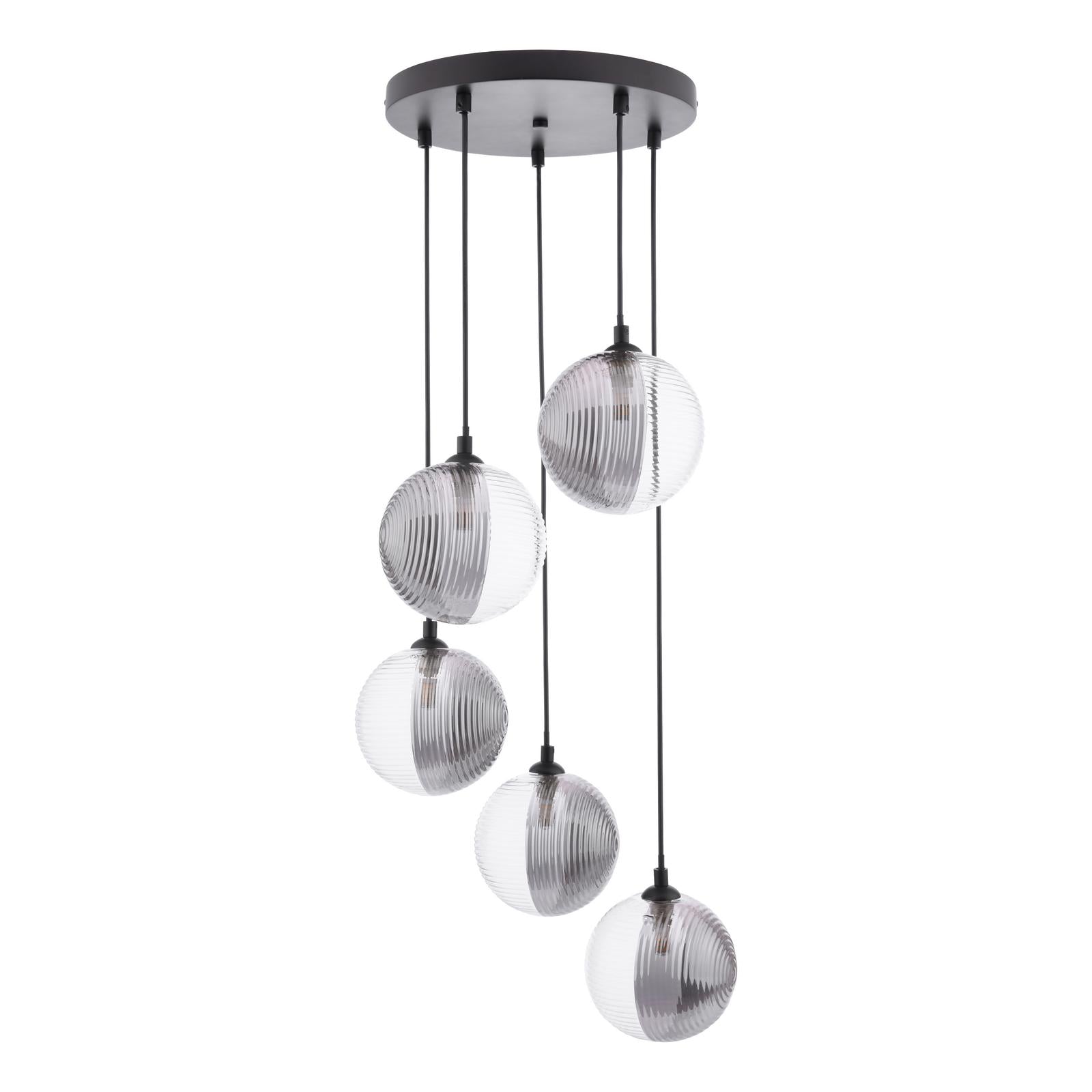 FED0522-19 Federico 5 Light Cluster Pendant Matt Black With Smoked/Clear Ribbed Glass