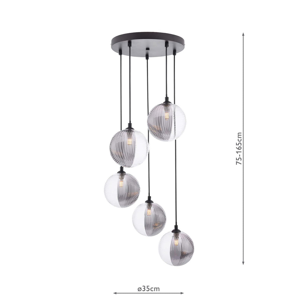 FED0522-19 Federico 5 Light Cluster Pendant Matt Black With Smoked/Clear Ribbed Glass