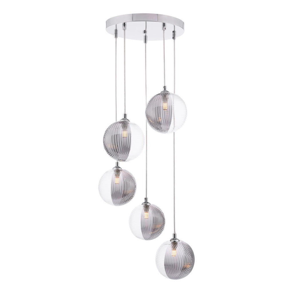 FED0550-19 Federico 5 Light Cluster Pendant Polished Chrome With Smoked/Clear Ribbed Glass