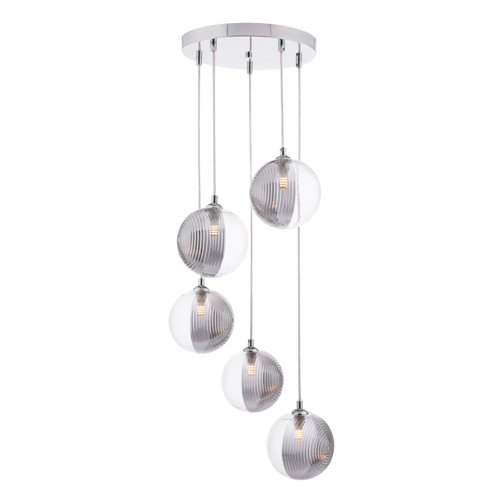 FED0550-19 Federico 5 Light Cluster Pendant Polished Chrome With Smoked/Clear Ribbed Glass