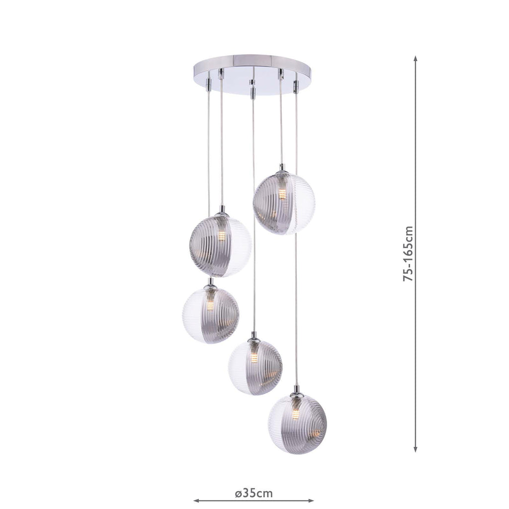 FED0550-19 Federico 5 Light Cluster Pendant Polished Chrome With Smoked/Clear Ribbed Glass