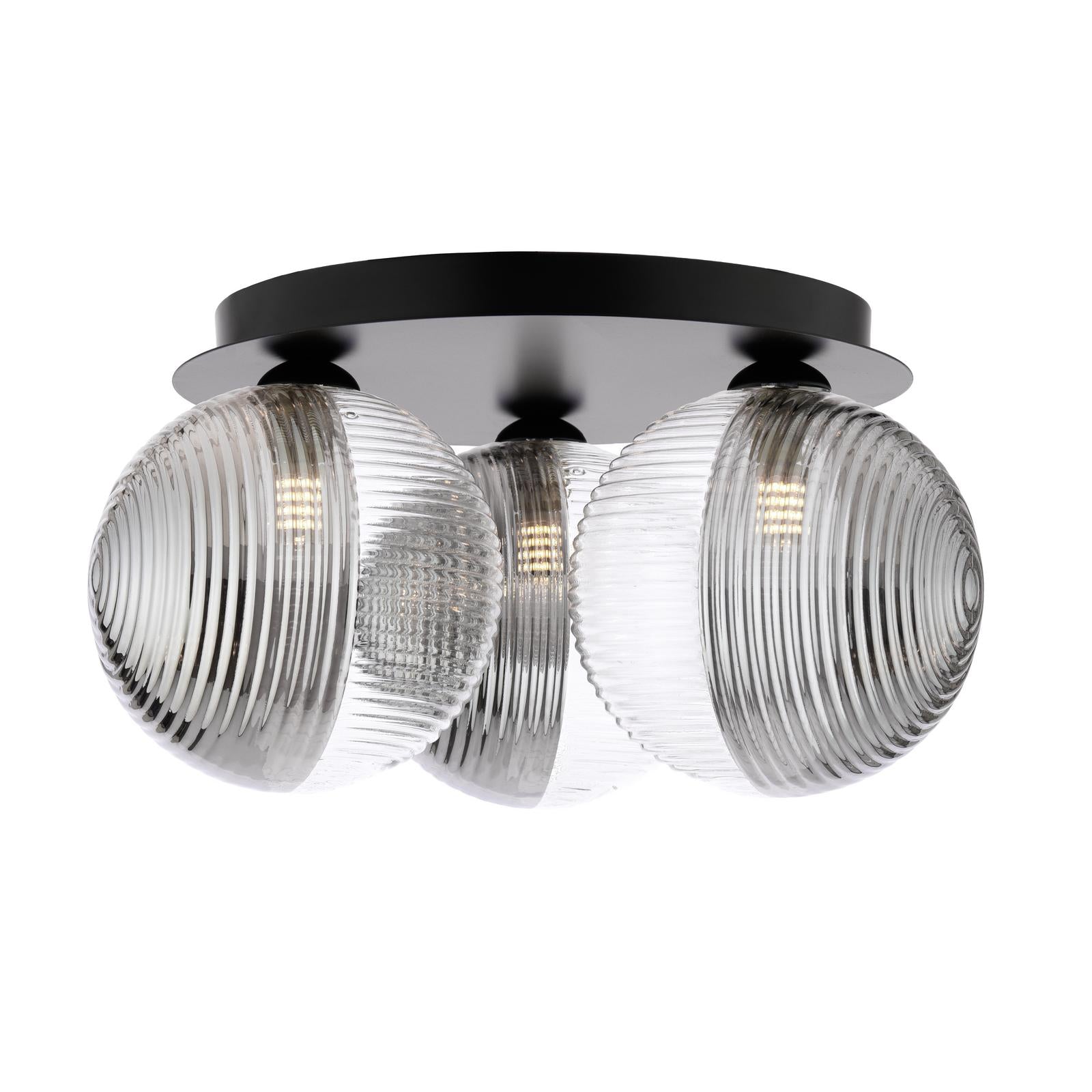 FOL5322-19 Foley 3 Light Flush Matt Black With Smoked/Clear Ribbed Glass