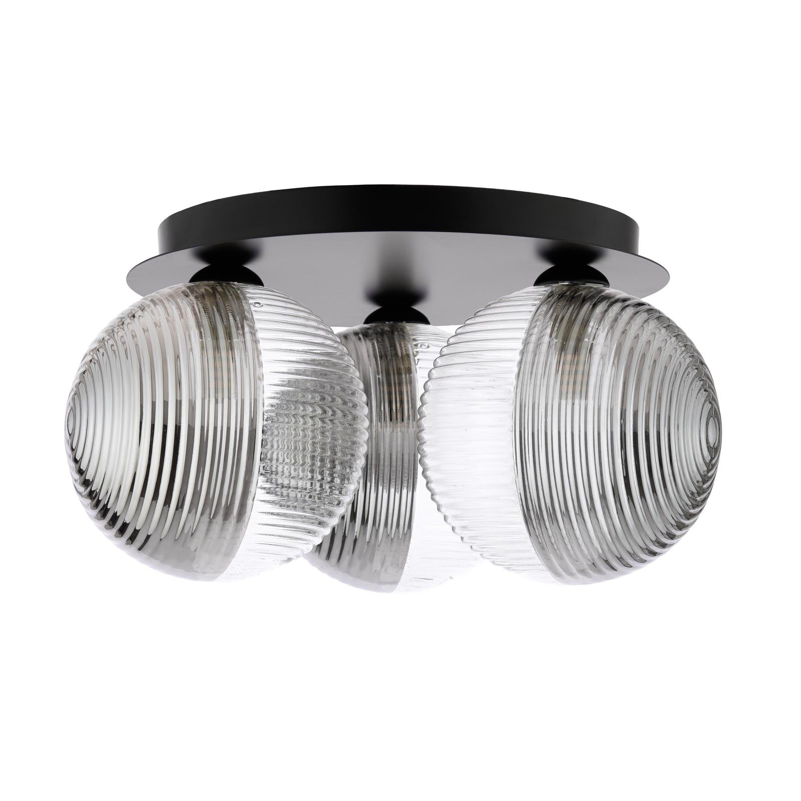 FOL5322-19 Foley 3 Light Flush Matt Black With Smoked/Clear Ribbed Glass