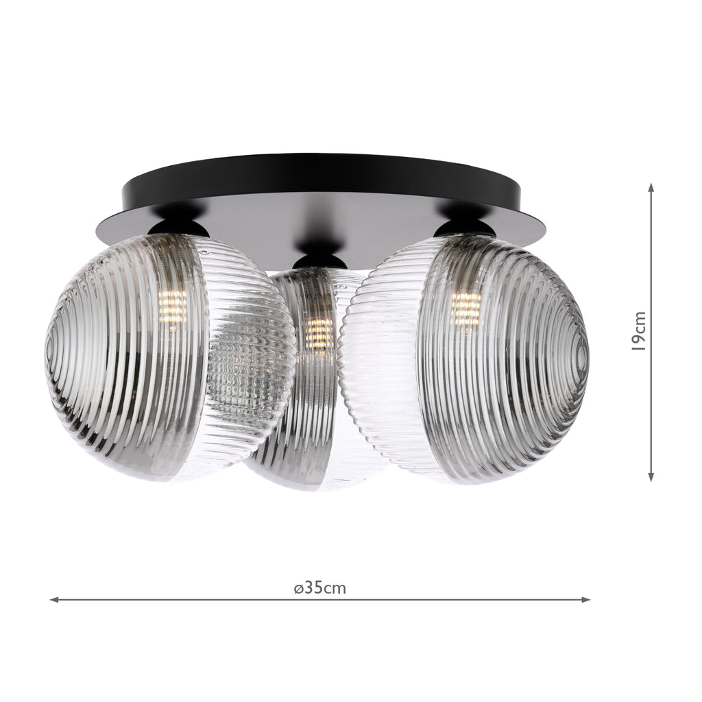 FOL5322-19 Foley 3 Light Flush Matt Black With Smoked/Clear Ribbed Glass