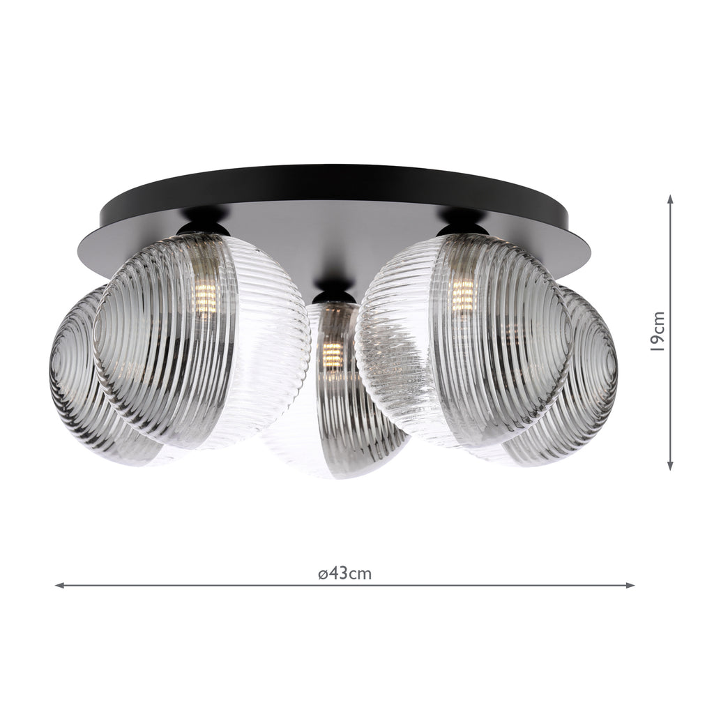 FOL5422-19 Foley 5 Light Flush Matt Black With Smoked/Clear Ribbed Glass
