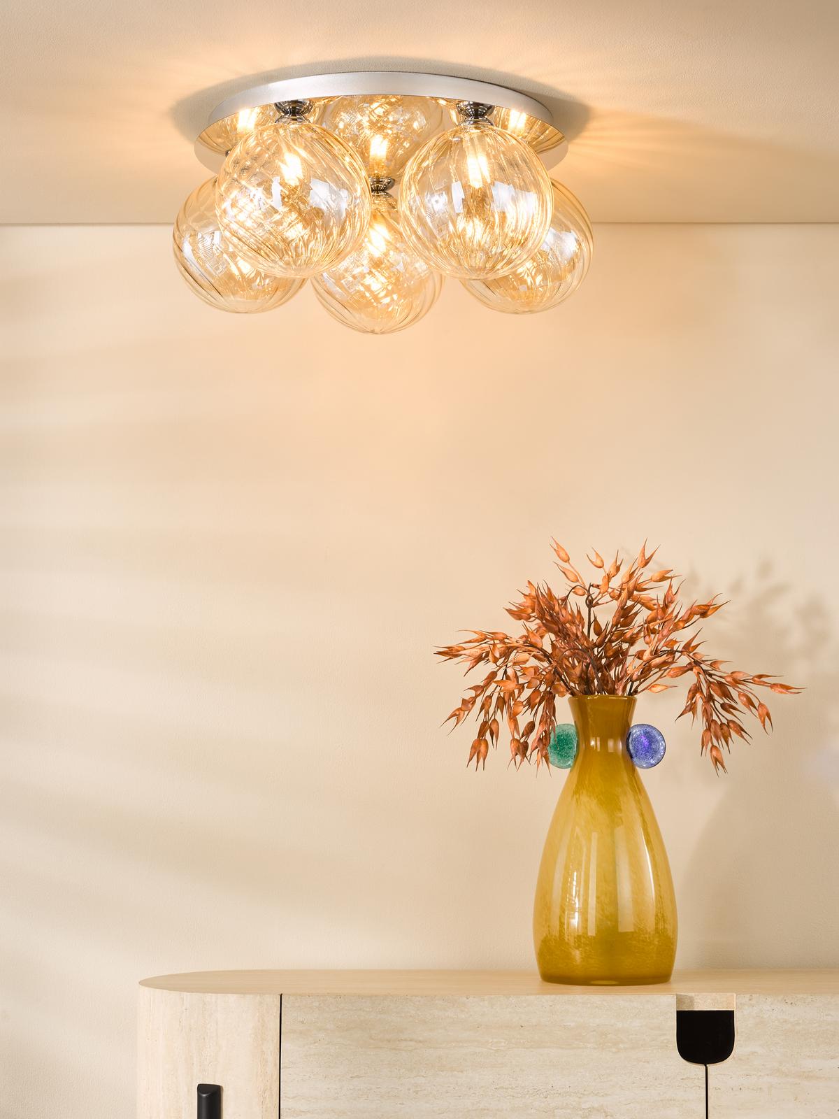 FOL5450-26 Foley 5 Light Flush Polished Chrome With Twisted Amber Glass