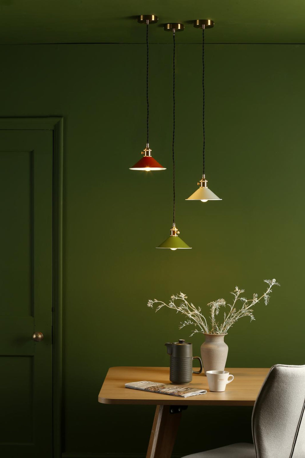 HAD0140-07 Hadano Pendant Natural Brass and Gloss Green Metal Shade 18cm