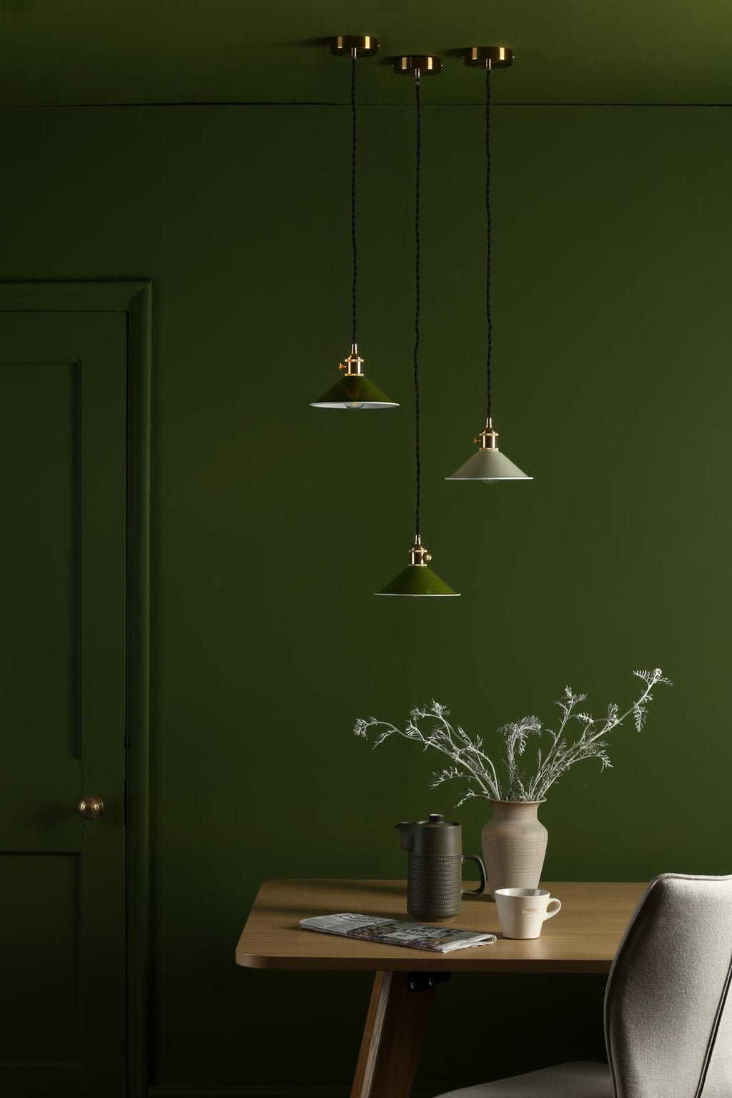 HAD0140-07 Hadano Pendant Natural Brass and Gloss Green Metal Shade 18cm