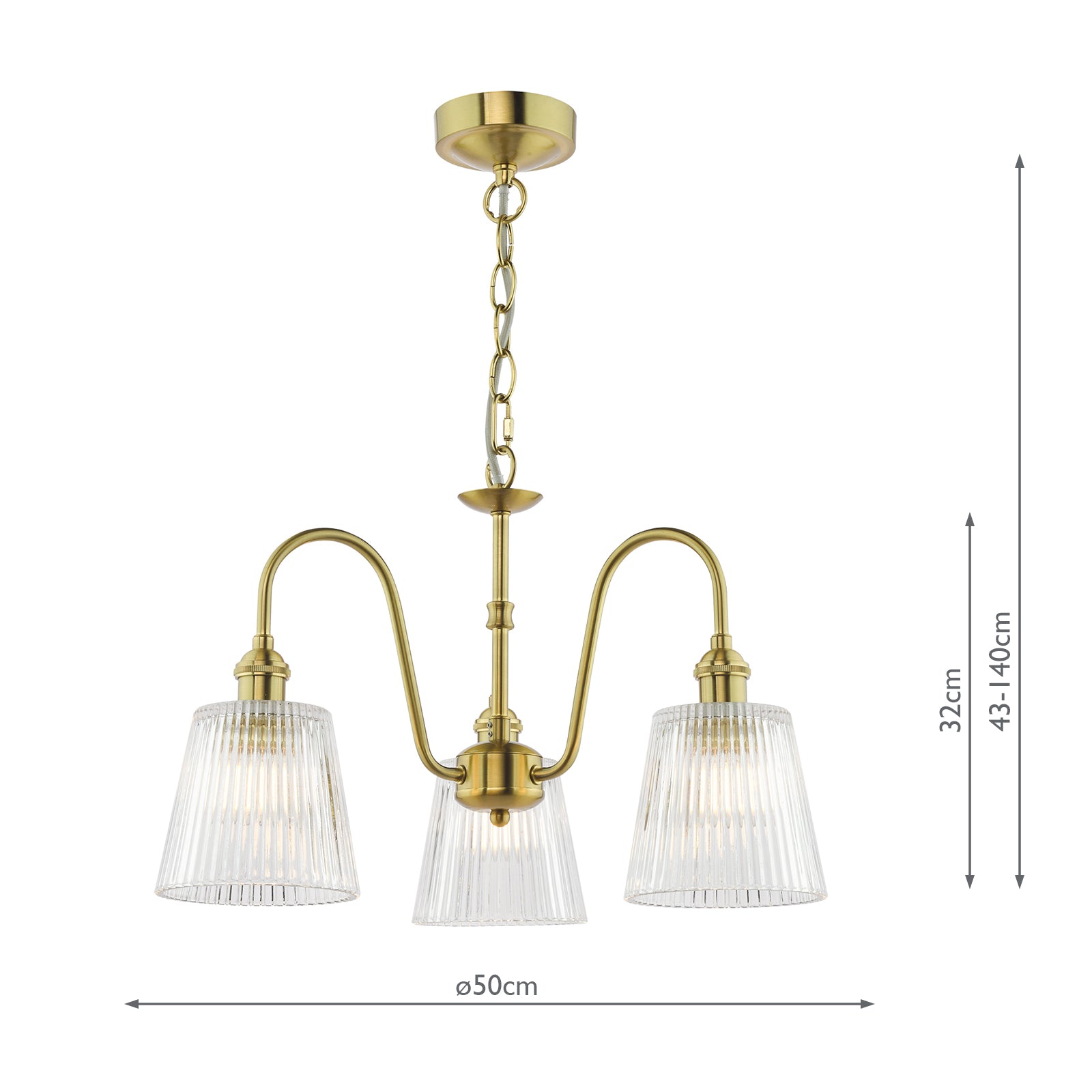 HAD0340-05 Hadano 3 Light Pendant Natural Brass and Clear Ribbed Glass Shade