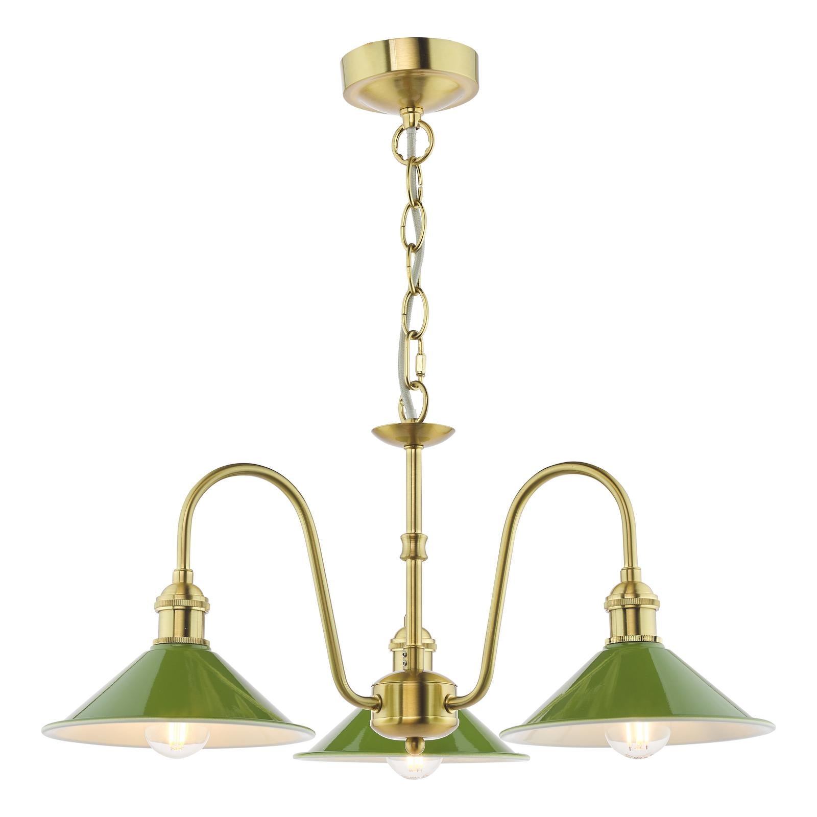 HAD0340-07 Hadano 3 Light Pendant Natural Brass and Gloss Green Metal Shade 18cm