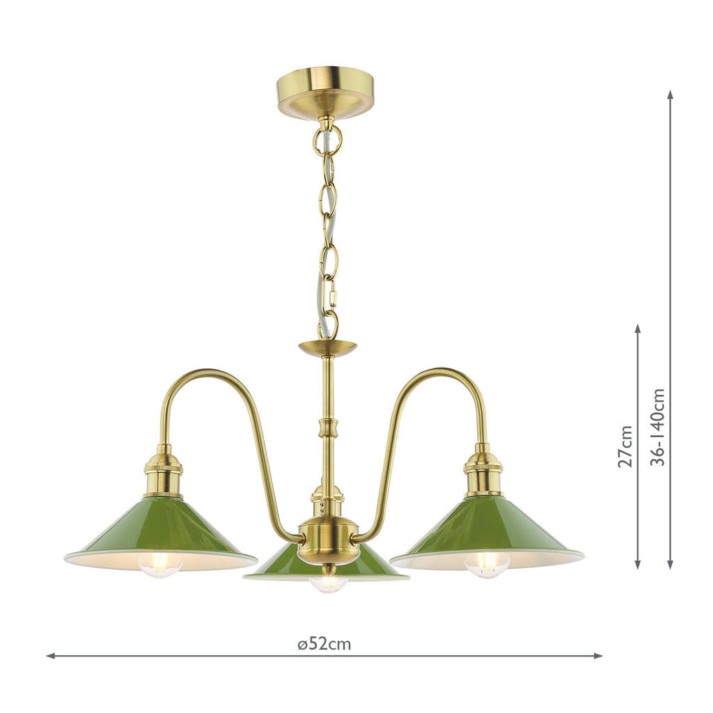 HAD0340-07 Hadano 3 Light Pendant Natural Brass and Gloss Green Metal Shade 18cm