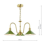 HAD0340-07 Hadano 3 Light Pendant Natural Brass and Gloss Green Metal Shade 18cm