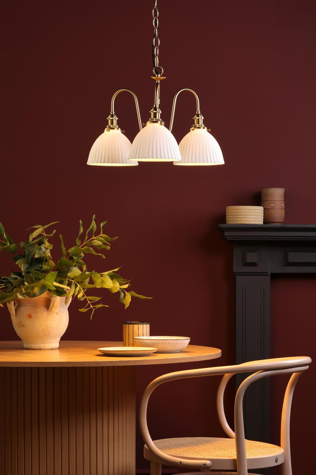 HAD0340-09 Hadano 3 Light Pendant Natural Brass and White Domed Ceramic Shade