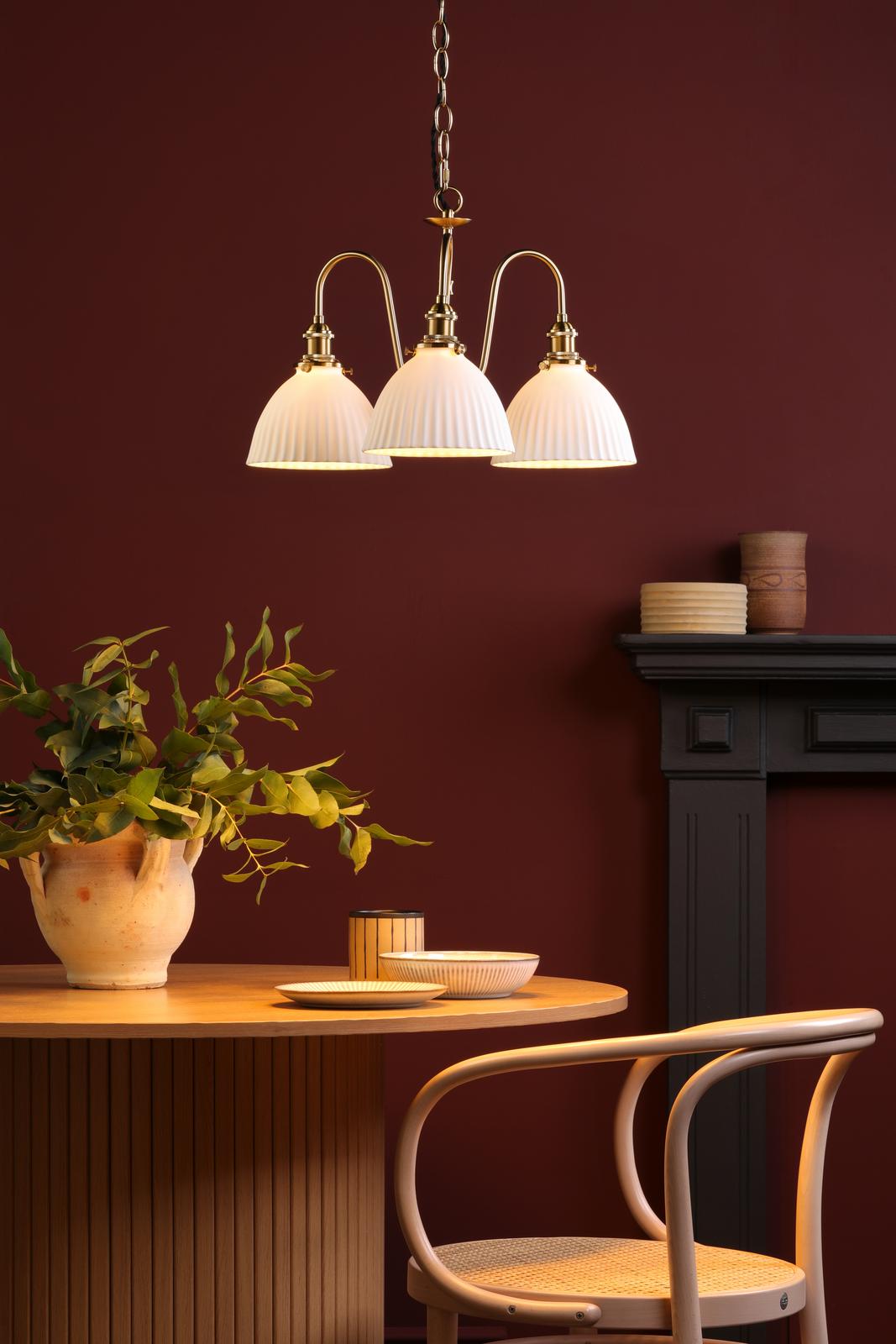 HAD0340-09 Hadano 3 Light Pendant Natural Brass and White Domed Ceramic Shade