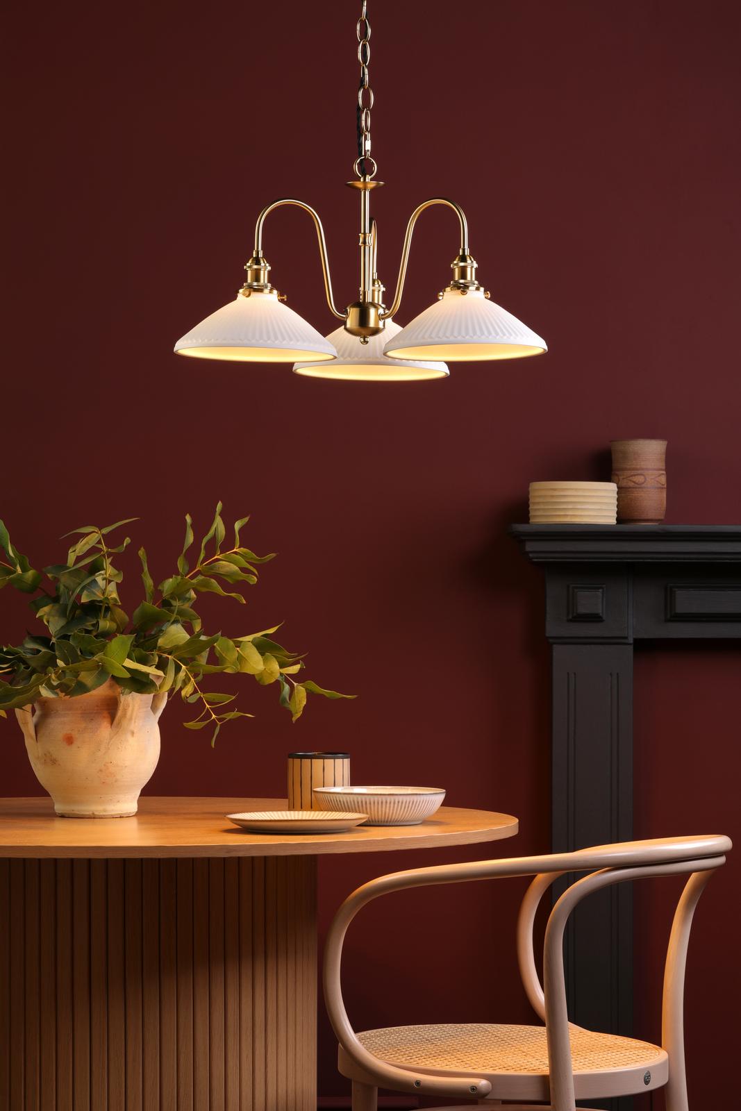 HAD0340-10 Hadano 3 Light Pendant Natural Brass and White Shallow Ceramic Shade