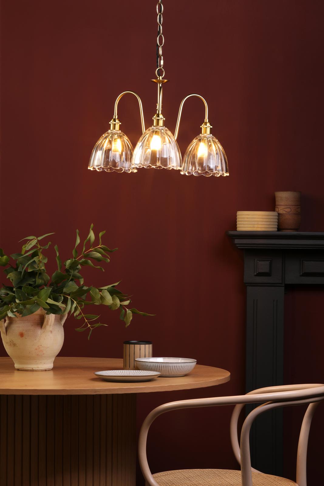HAD0340-11 Hadano 3 Light Pendant Natural Brass and Scalloped Bell Glass Shade