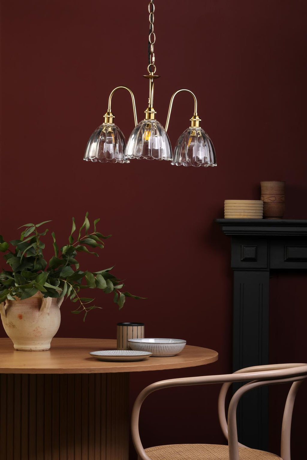 HAD0340-11 Hadano 3 Light Pendant Natural Brass and Scalloped Bell Glass Shade