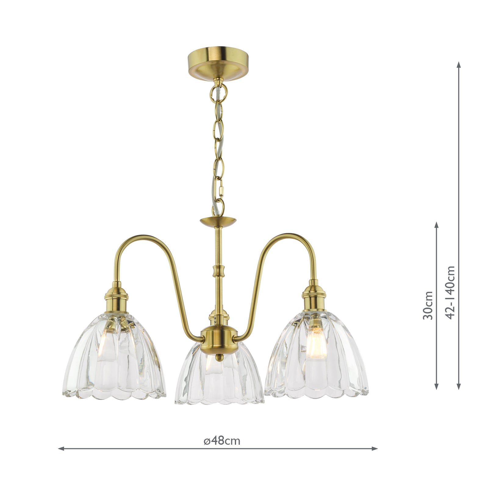 HAD0340-11 Hadano 3 Light Pendant Natural Brass and Scalloped Bell Glass Shade
