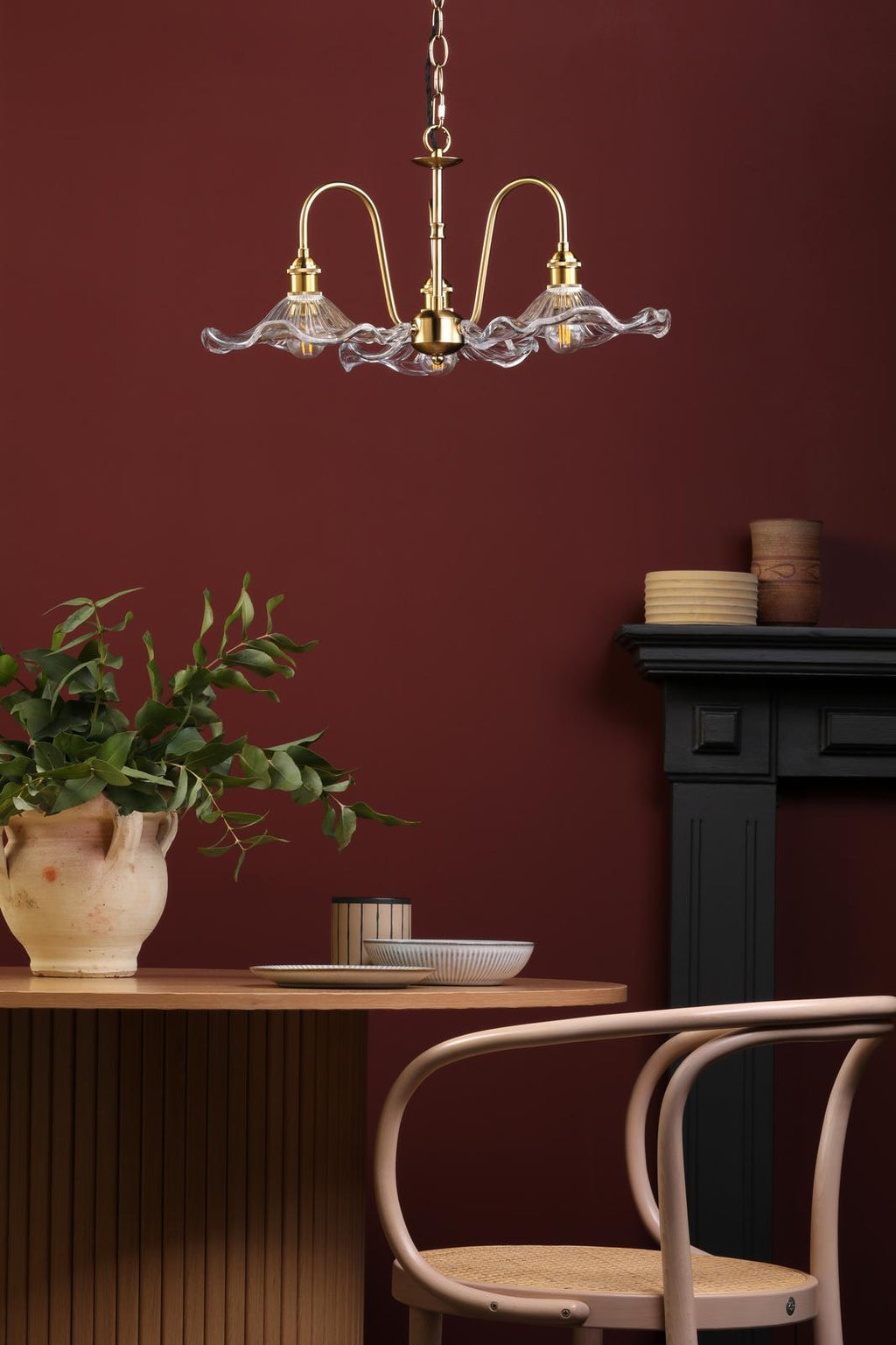 HAD0340-12 Hadano 3 Light Pendant Natural Brass and Wavy Glass Shade