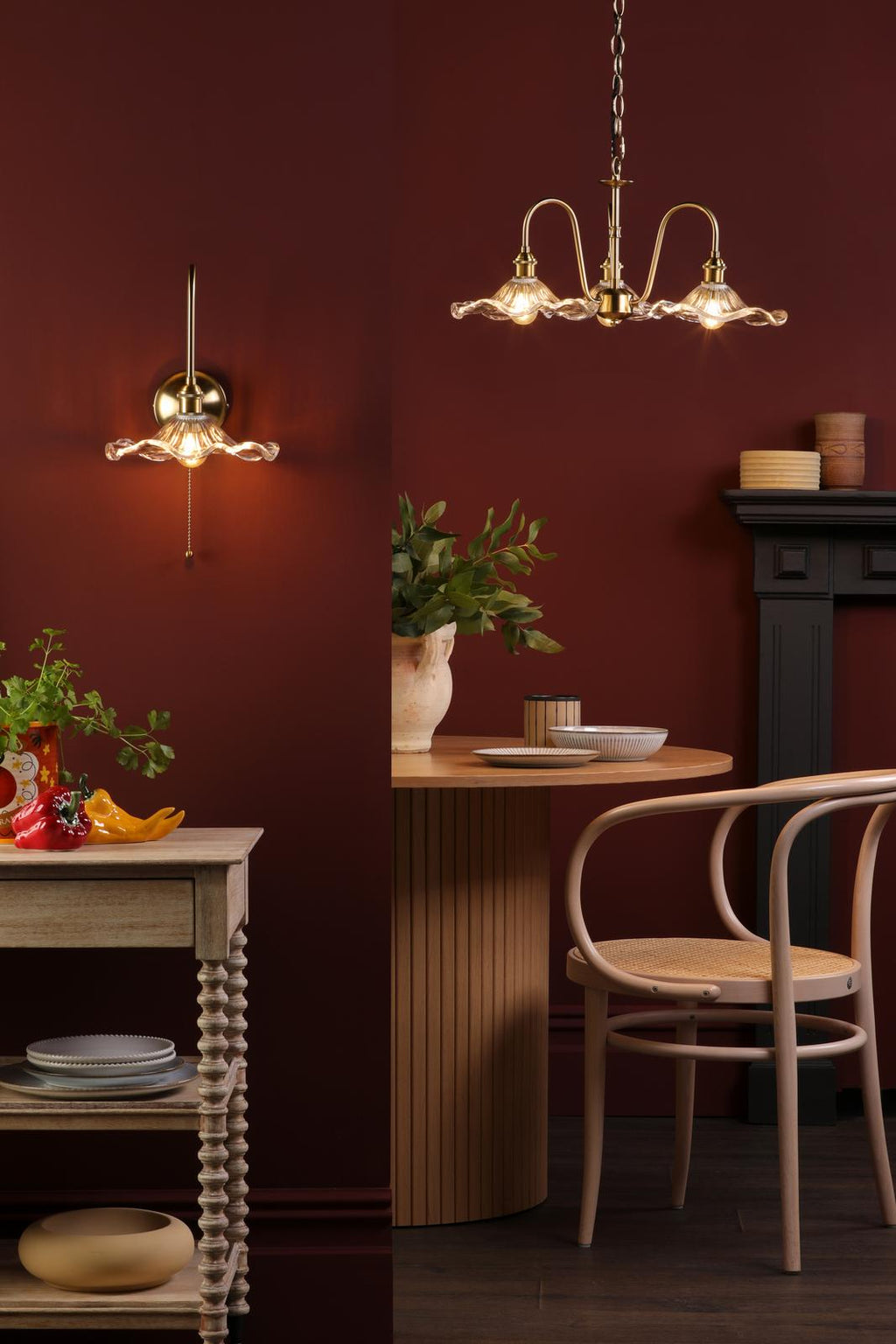 HAD0340-12 Hadano 3 Light Pendant Natural Brass and Wavy Glass Shade