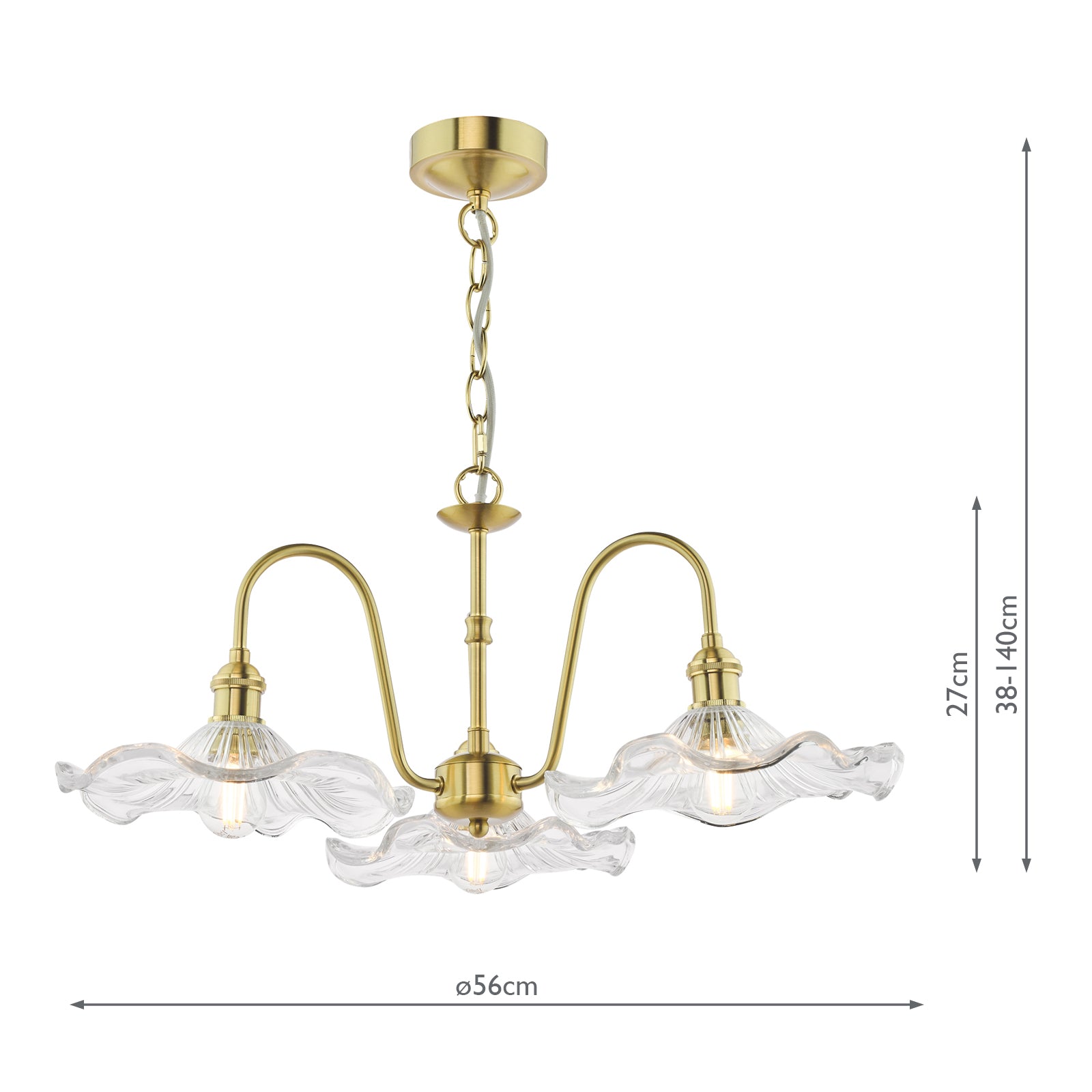 HAD0340-12 Hadano 3 Light Pendant Natural Brass and Wavy Glass Shade