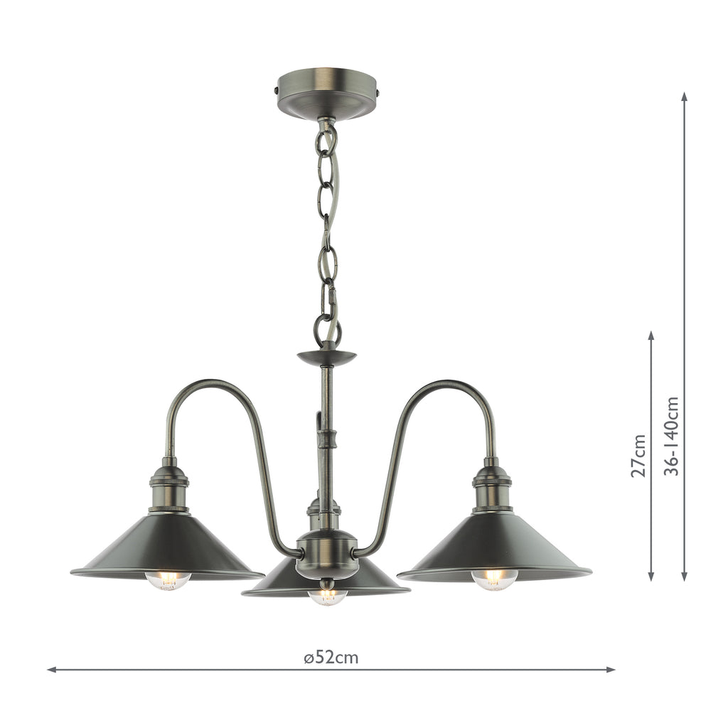 HAD0361-02 Hadano 3 Light Pendant Antique Chrome and Pewter Metal Shade 18cm